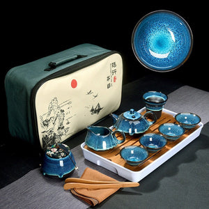 ACACUSS Kung Fu tea set travel bag - Chinese Tea Set Blue Amber Glaze Ceramic Temmoku Glaze Exquisite KungFu Portable Teapot Gaiwan Tea Cups - ACACUSS