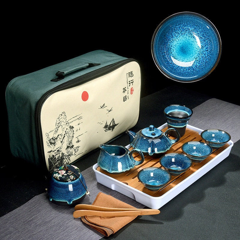 ACACUSS Kung Fu tea set travel bag - Chinese Tea Set Blue Amber Glaze Ceramic Temmoku Glaze Exquisite KungFu Portable Teapot Gaiwan Tea Cups - ACACUSS