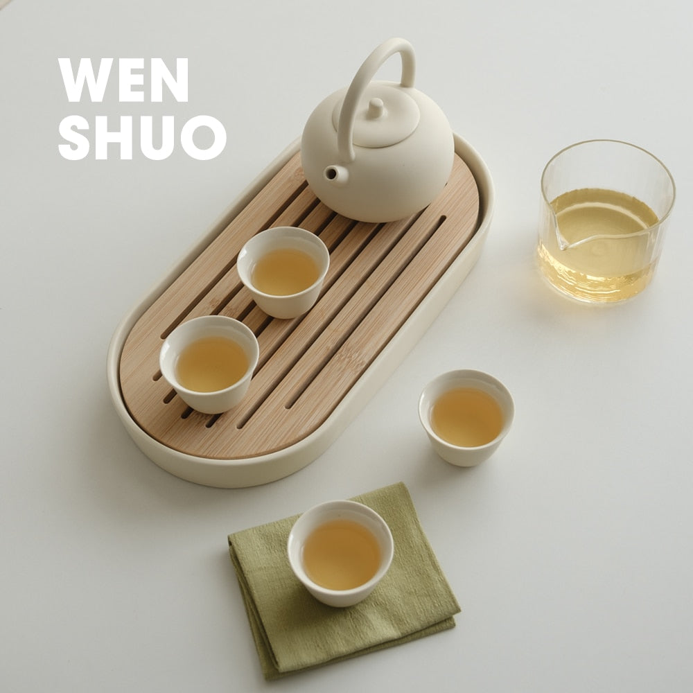 Kungfu Tea Set With Loop Handle Infuser,Warm Matte Cream Glaze,With Bamboo Serving Tray,Birthday/Party Gifts acacuss