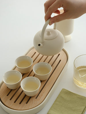 Kungfu Tea Set With Loop Handle Infuser,Warm Matte Cream Glaze,With Bamboo Serving Tray,Birthday/Party Gifts acacuss