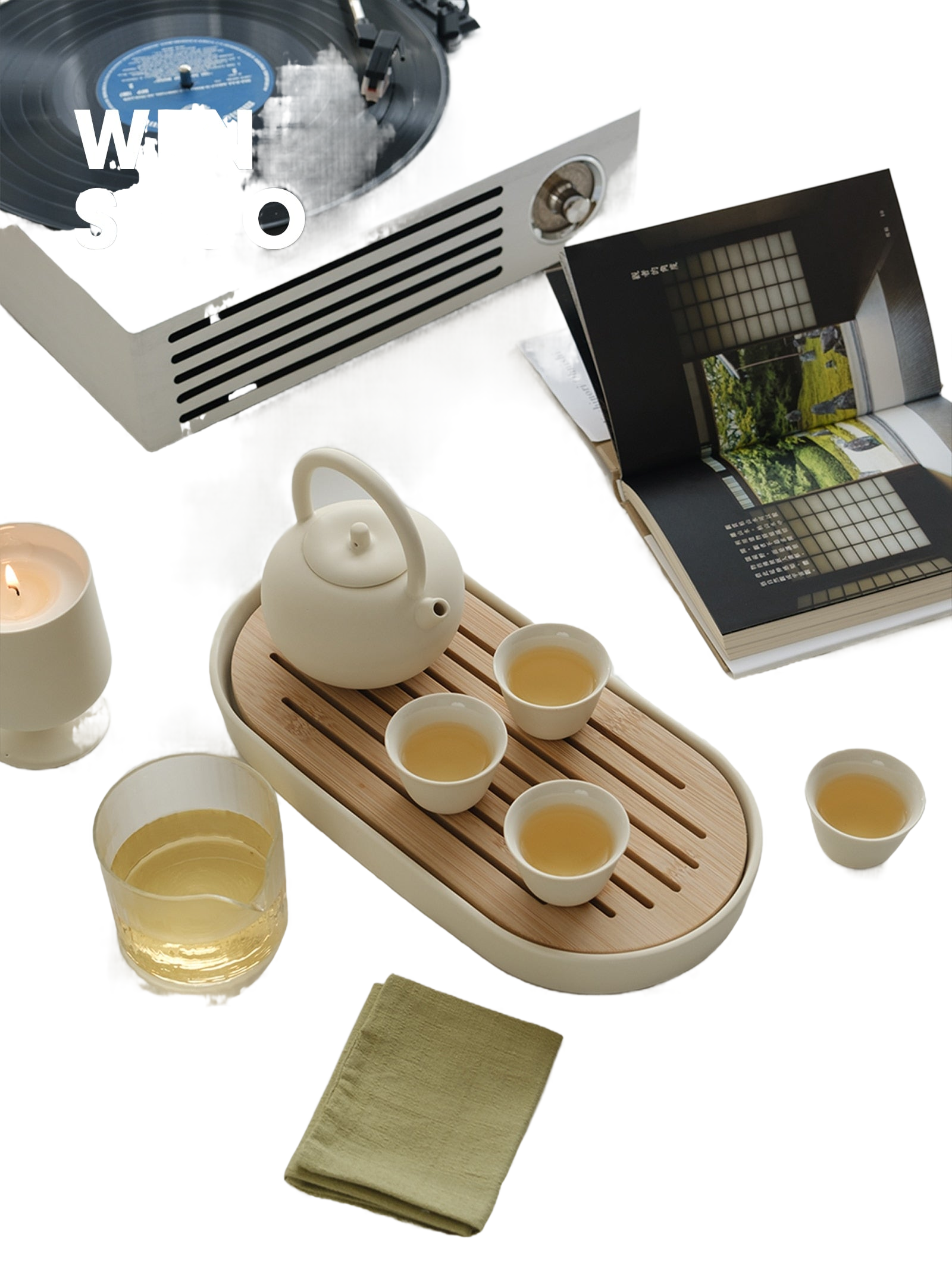 Kungfu Tea Set With Loop Handle Infuser,Warm Matte Cream Glaze,With Bamboo Serving Tray,Birthday/Party Gifts acacuss