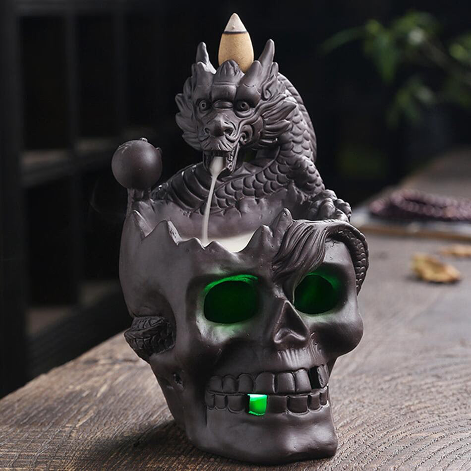 LED Dragon Statue Backflow Incense Burner Halloween Skull Decoration Ornament Smoke Fountain Waterfall Incense Holder Home Decor acacuss
