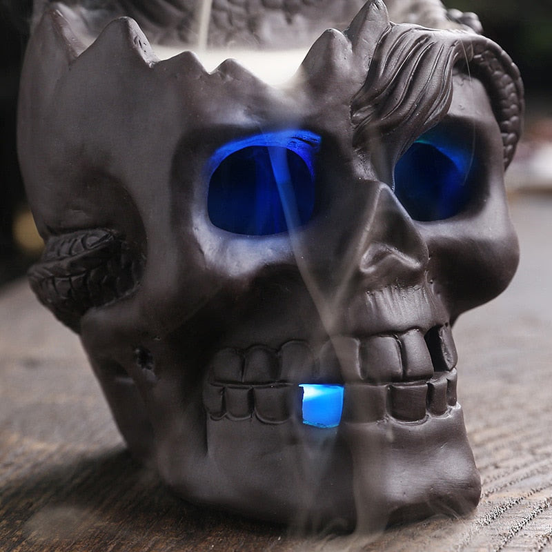 LED Dragon Statue Backflow Incense Burner Halloween Skull Decoration Ornament Smoke Fountain Waterfall Incense Holder Home Decor acacuss