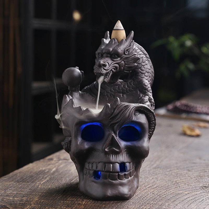 LED Dragon Statue Backflow Incense Burner Halloween Skull Decoration Ornament Smoke Fountain Waterfall Incense Holder Home Decor acacuss