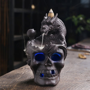 LED Dragon Statue Backflow Incense Burner Halloween Skull Decoration Ornament Smoke Fountain Waterfall Incense Holder Home Decor acacuss