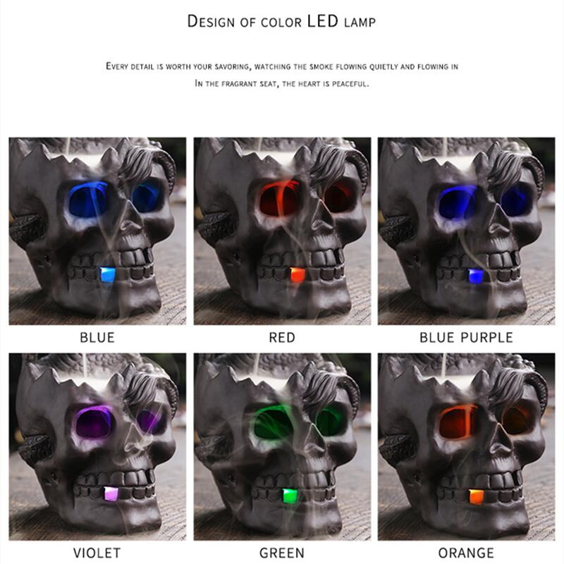 LED Dragon Statue Backflow Incense Burner Halloween Skull Decoration Ornament Smoke Fountain Waterfall Incense Holder Home Decor acacuss