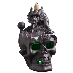 LED Dragon Statue Backflow Incense Burner Halloween Skull Decoration Ornament Smoke Fountain Waterfall Incense Holder Home Decor acacuss