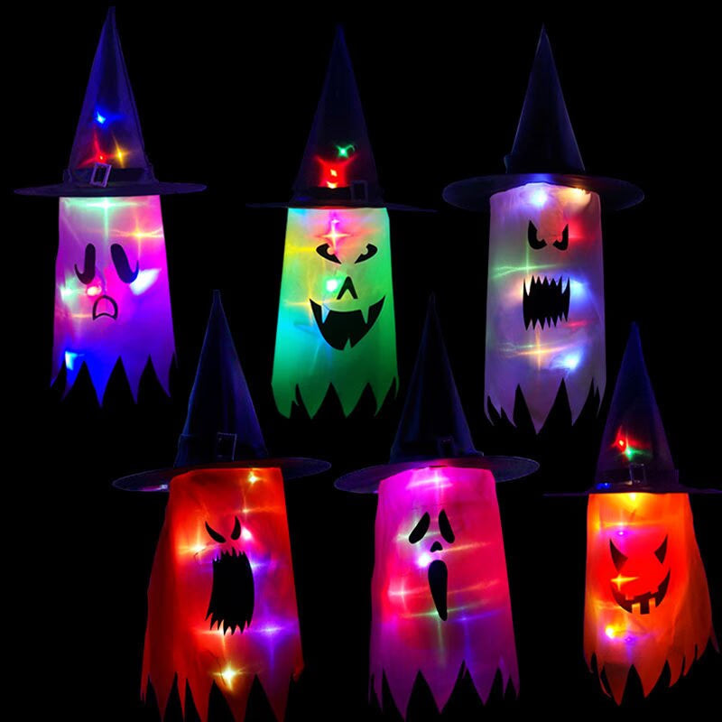 LED Halloween Decoration Flashing Light Gypsophila Ghost Festival Dress Up Glowing Wizard Ghost Hat Lamp Decor Hanging Lantern acacuss