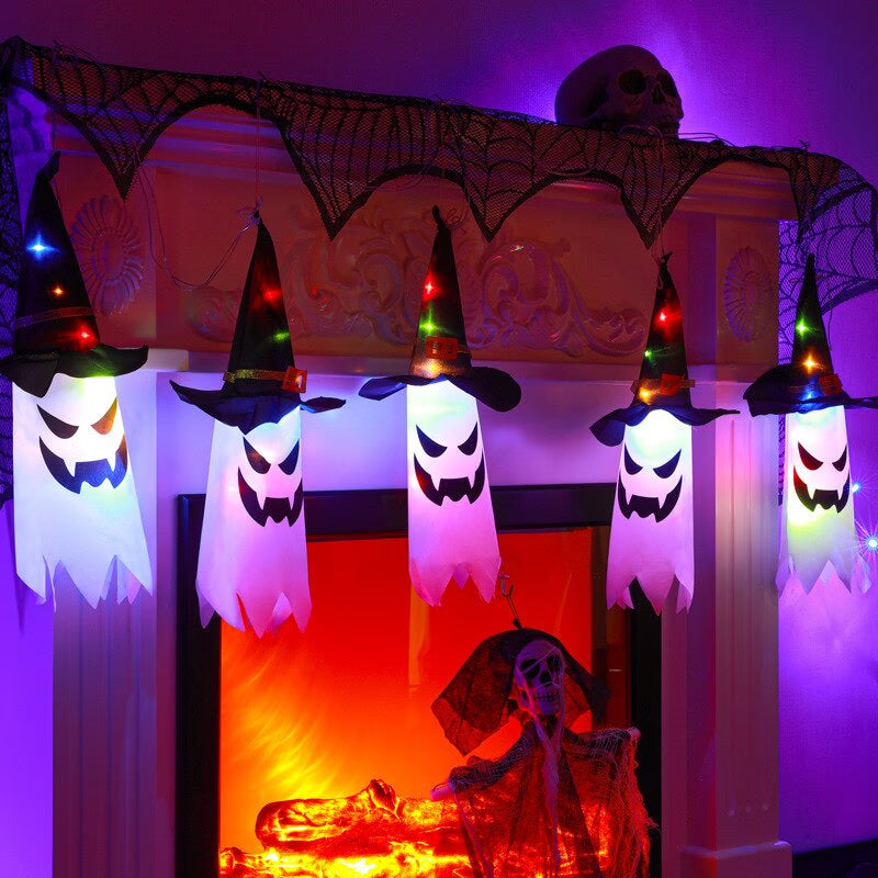 LED Halloween Decoration Flashing Light Gypsophila Ghost Festival Dress Up Glowing Wizard Ghost Hat Lamp Decor Hanging Lantern acacuss