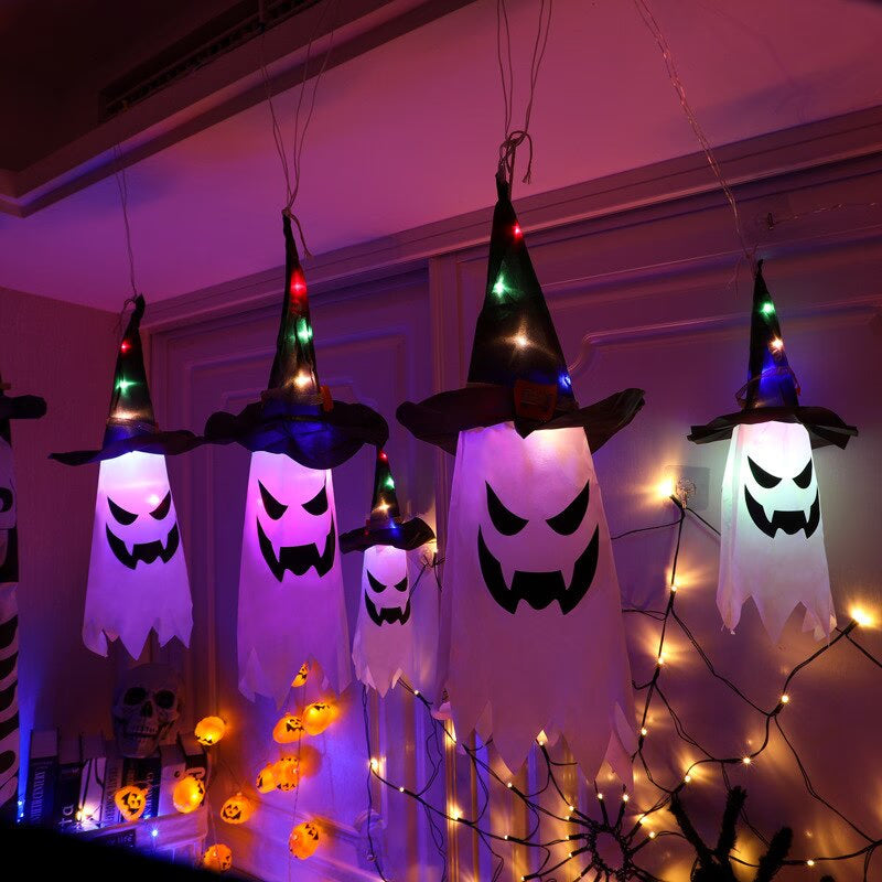LED Halloween Decoration Flashing Light Gypsophila Ghost Festival Dress Up Glowing Wizard Ghost Hat Lamp Decor Hanging Lantern acacuss