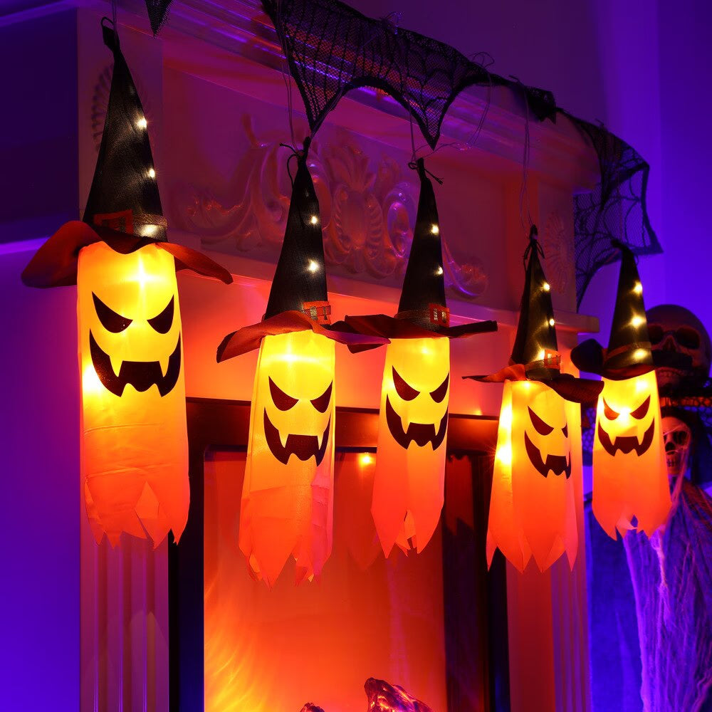 LED Halloween Decoration Flashing Light Gypsophila Ghost Festival Dress Up Glowing Wizard Ghost Hat Lamp Decor Hanging Lantern acacuss