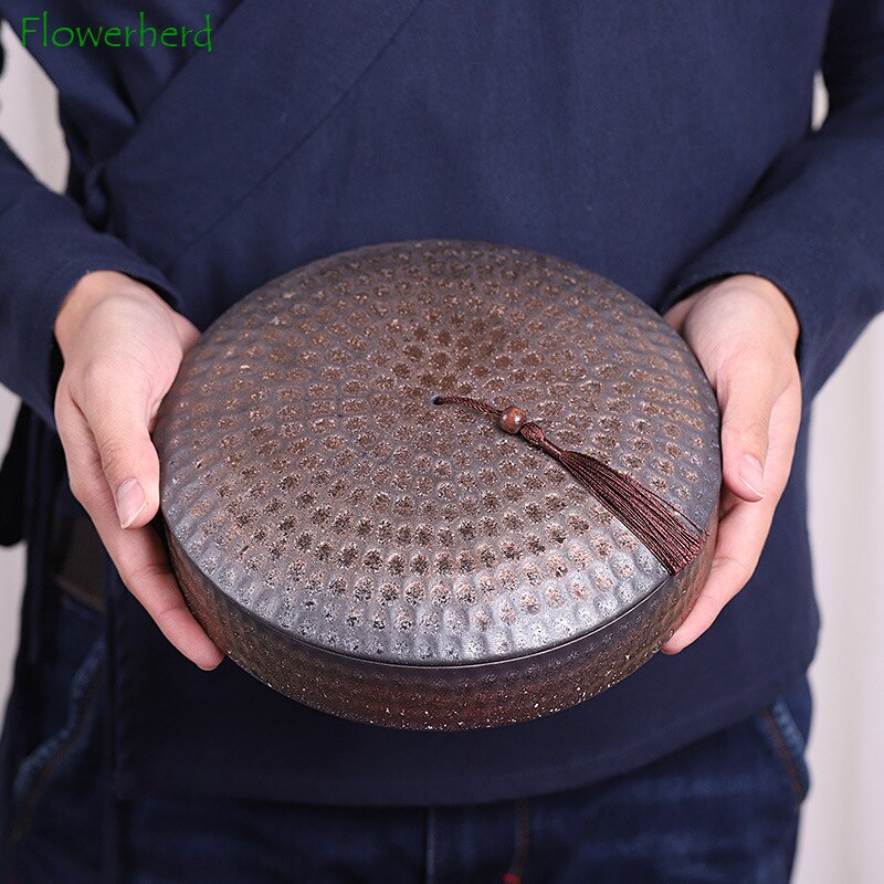 Large Hammered Ceramic Tea Caddy Pu'er Tea Wake Up Tea Pot Teaware Kung Fu Tea Set Coarse Pottery Tea Package Gift Box Storage acacuss