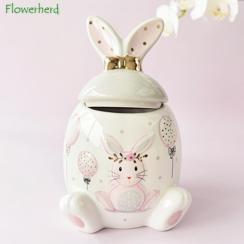 Large-capacity Pink Golden Rabbit Series Ceramic Tea Caddy Tea Container Home Cartoon Embossed Tea Storage Kitchen Canisters Set acacuss