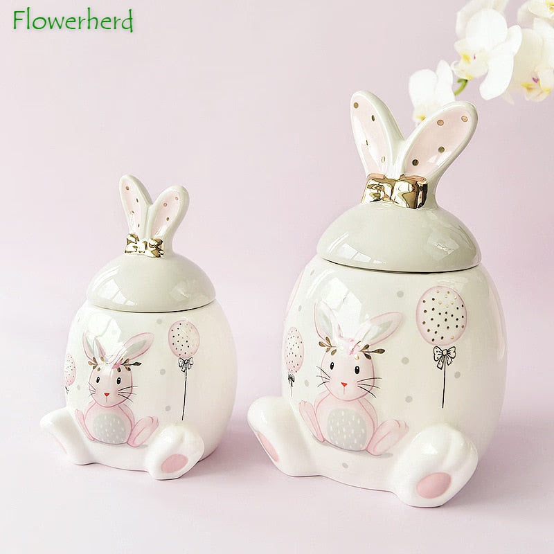 Large-capacity Pink Golden Rabbit Series Ceramic Tea Caddy Tea Container Home Cartoon Embossed Tea Storage Kitchen Canisters Set acacuss