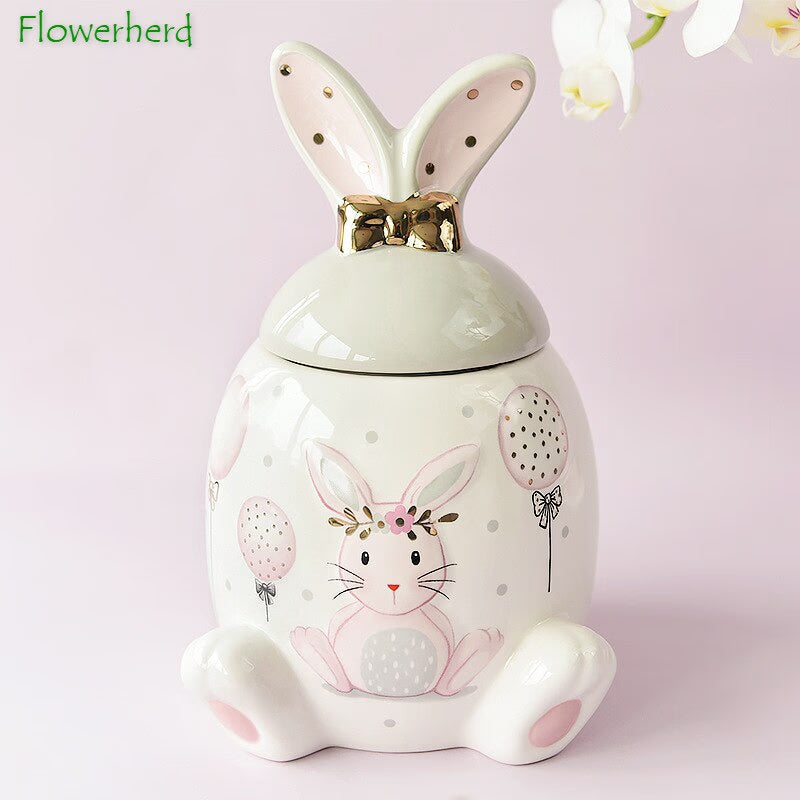 Large-capacity Pink Golden Rabbit Series Ceramic Tea Caddy Tea Container Home Cartoon Embossed Tea Storage Kitchen Canisters Set acacuss