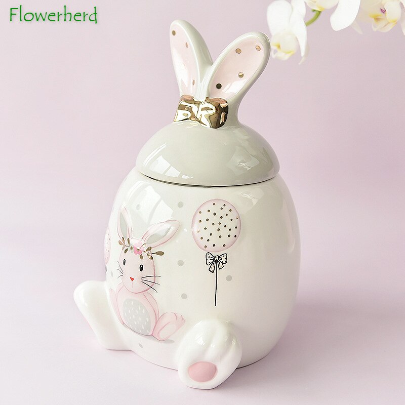 Large-capacity Pink Golden Rabbit Series Ceramic Tea Caddy Tea Container Home Cartoon Embossed Tea Storage Kitchen Canisters Set acacuss