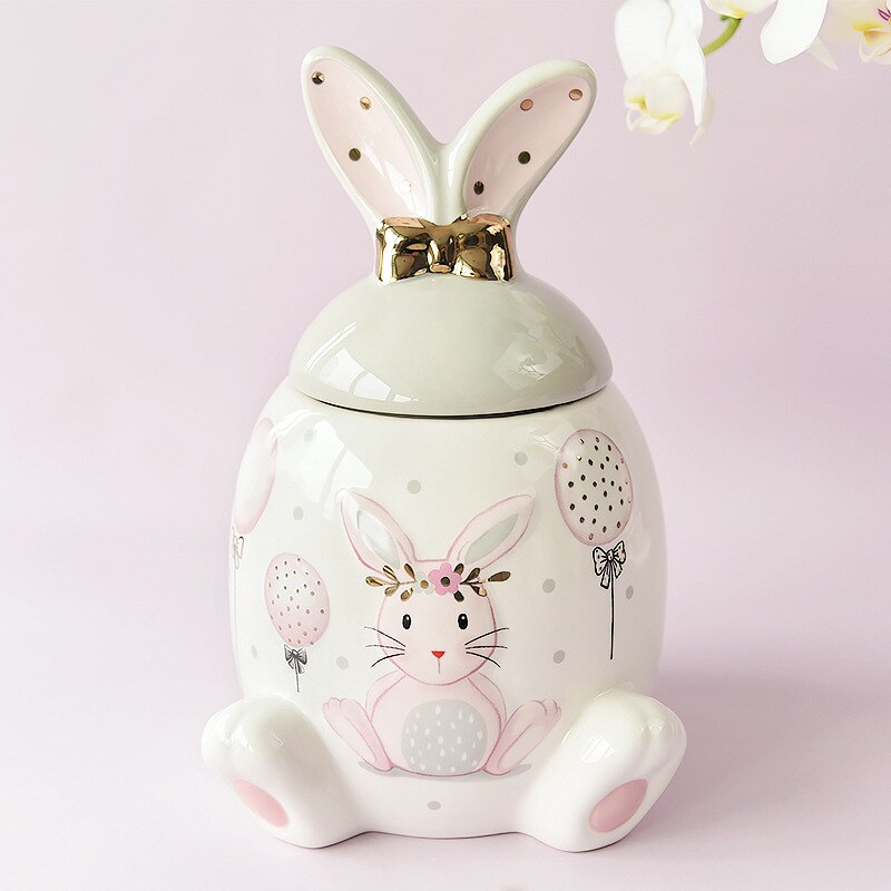 Large-capacity Pink Golden Rabbit Series Ceramic Tea Caddy Tea Container Home Cartoon Embossed Tea Storage Kitchen Canisters Set acacuss