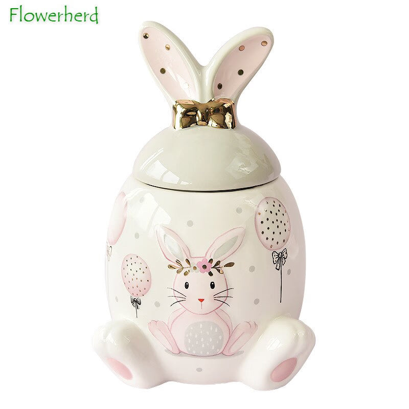 Large-capacity Pink Golden Rabbit Series Ceramic Tea Caddy Tea Container Home Cartoon Embossed Tea Storage Kitchen Canisters Set acacuss