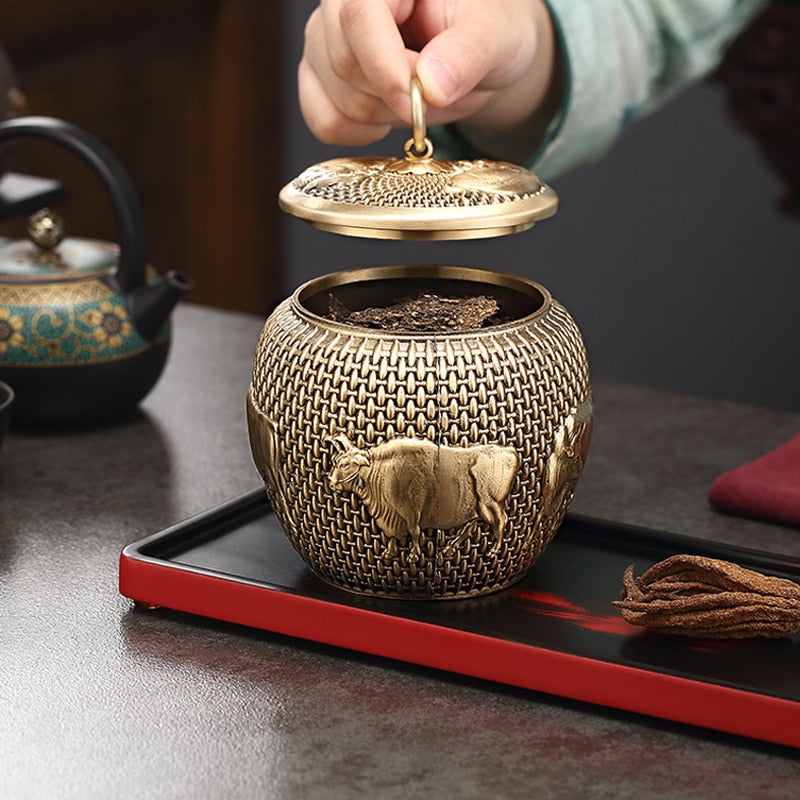 Light Luxury Brass Tea Pot Household Tea Bag Storage Pot Handmade Art Teapot Pu'er Tea Storage Pot Living Room Decoration acacuss