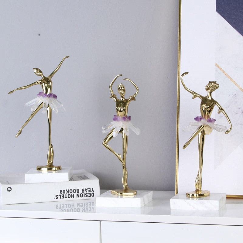 Light Luxury Crystal Brass Ballet Dancing Girl Human Sculpture Fairy Porch Desktop Decoration Home Decoration Birthday Present acacuss