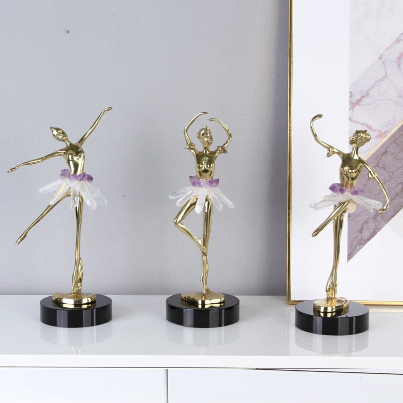 Light Luxury Crystal Brass Ballet Dancing Girl Human Sculpture Fairy Porch Desktop Decoration Home Decoration Birthday Present acacuss