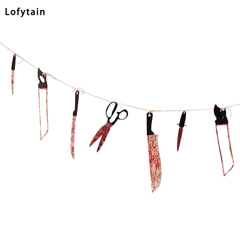 Lofytain 12pcs/lot Halloween Plastic Blood Knife Tools Sets Horror Spooky Haunted House Hanging Knife Garland Banner acacuss