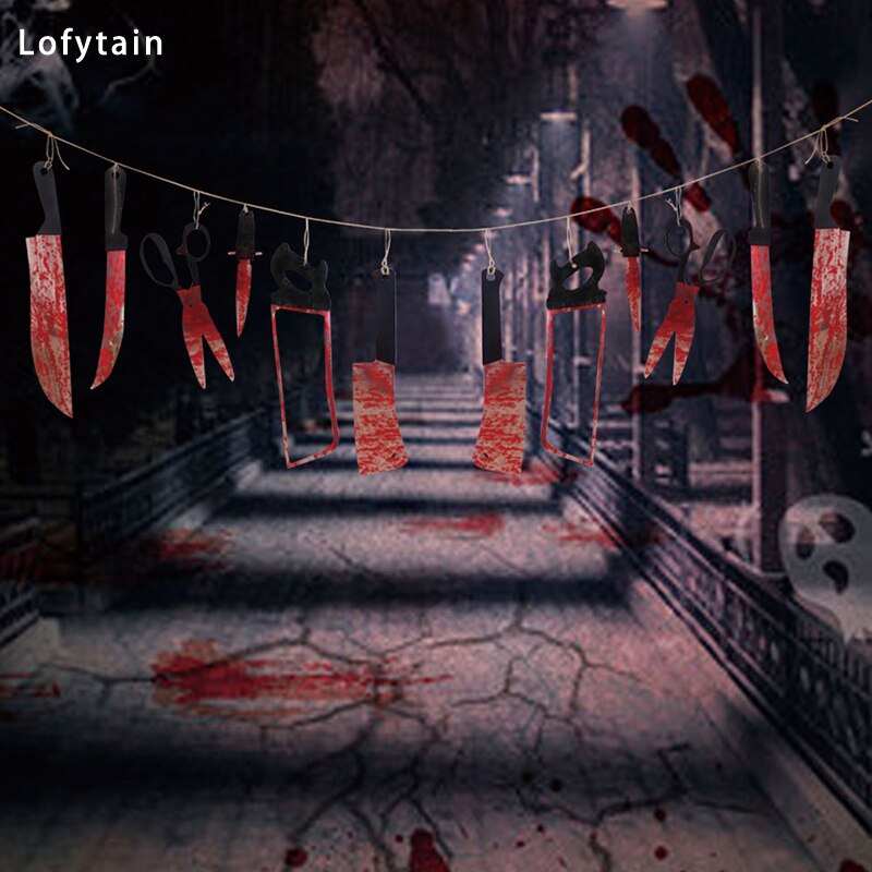Lofytain 12pcs/lot Halloween Plastic Blood Knife Tools Sets Horror Spooky Haunted House Hanging Knife Garland Banner acacuss