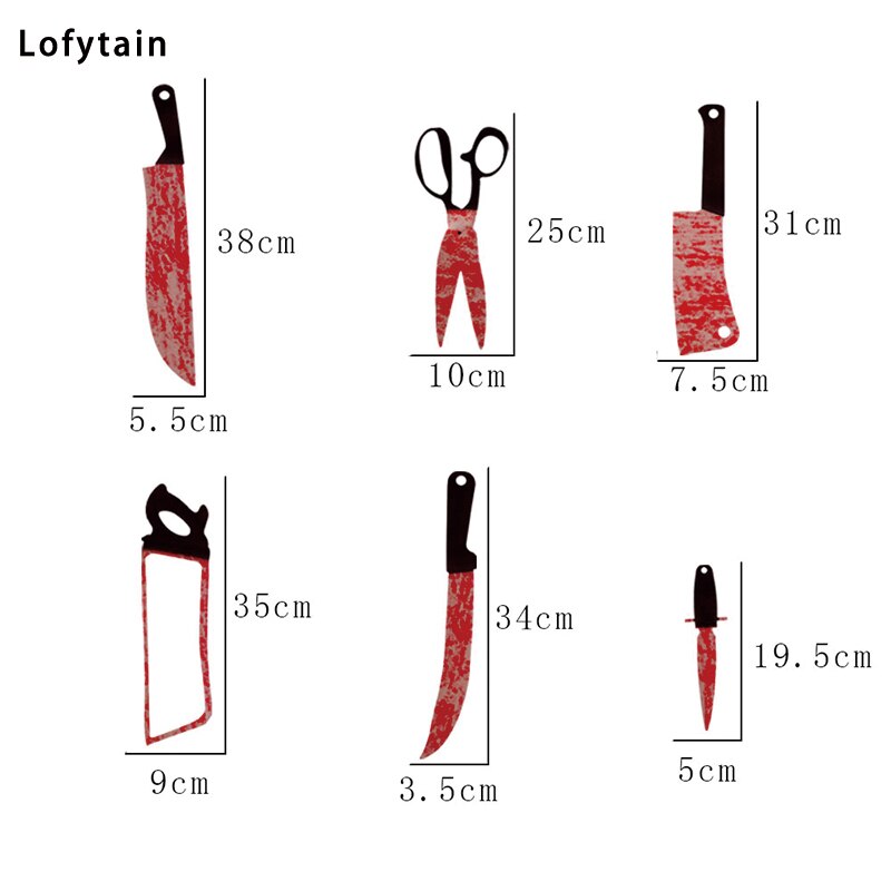Lofytain 12pcs/lot Halloween Plastic Blood Knife Tools Sets Horror Spooky Haunted House Hanging Knife Garland Banner acacuss
