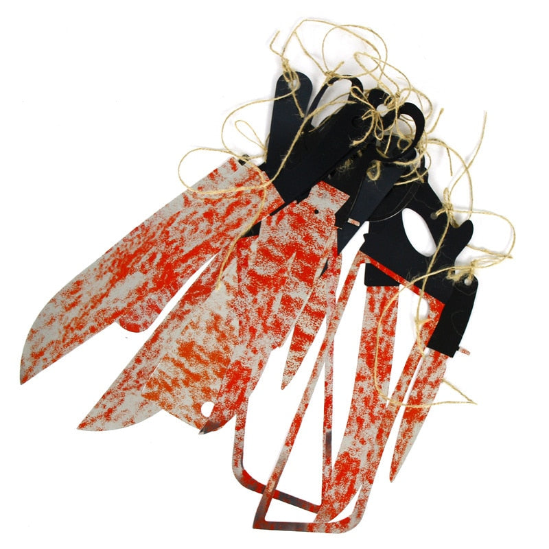 Lofytain 12pcs/lot Halloween Plastic Blood Knife Tools Sets Horror Spooky Haunted House Hanging Knife Garland Banner acacuss