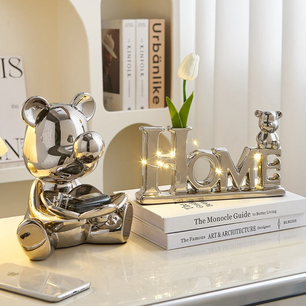 Love Bear Flower Ornaments Ceramic Sculptures & Figurines for Interior Luxury Home Decor Living Room Office Decorative Statue acacuss