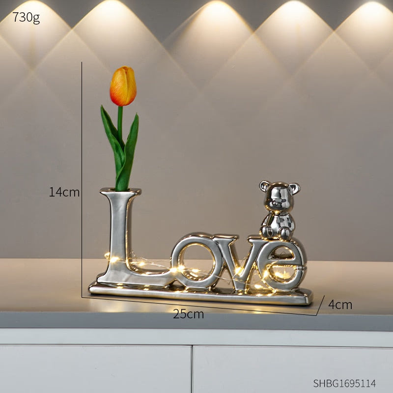 Love Bear Flower Ornaments Ceramic Sculptures & Figurines for Interior Luxury Home Decor Living Room Office Decorative Statue acacuss
