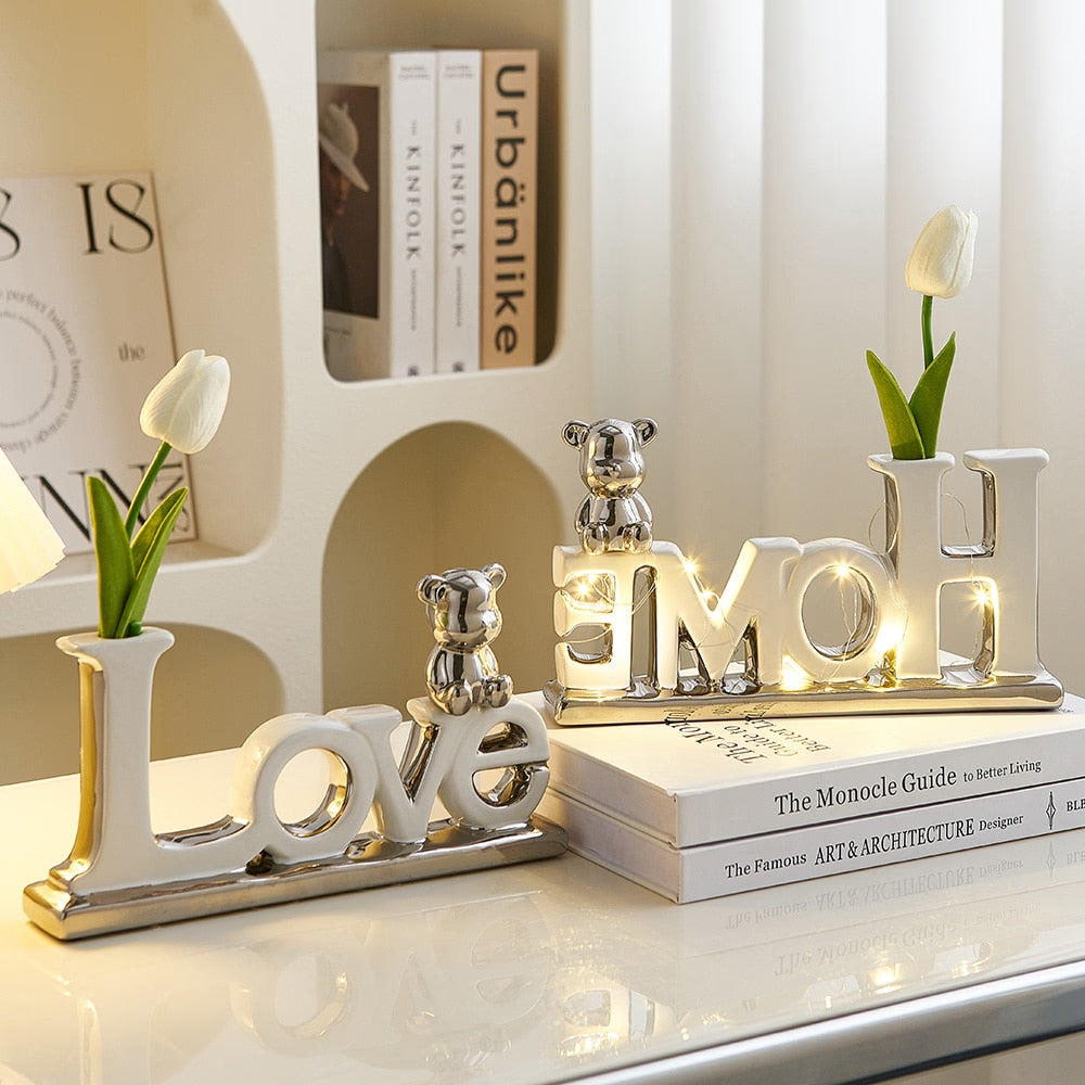 Love Bear Flower Ornaments Ceramic Sculptures & Figurines for Interior Luxury Home Decor Living Room Office Decorative Statue acacuss