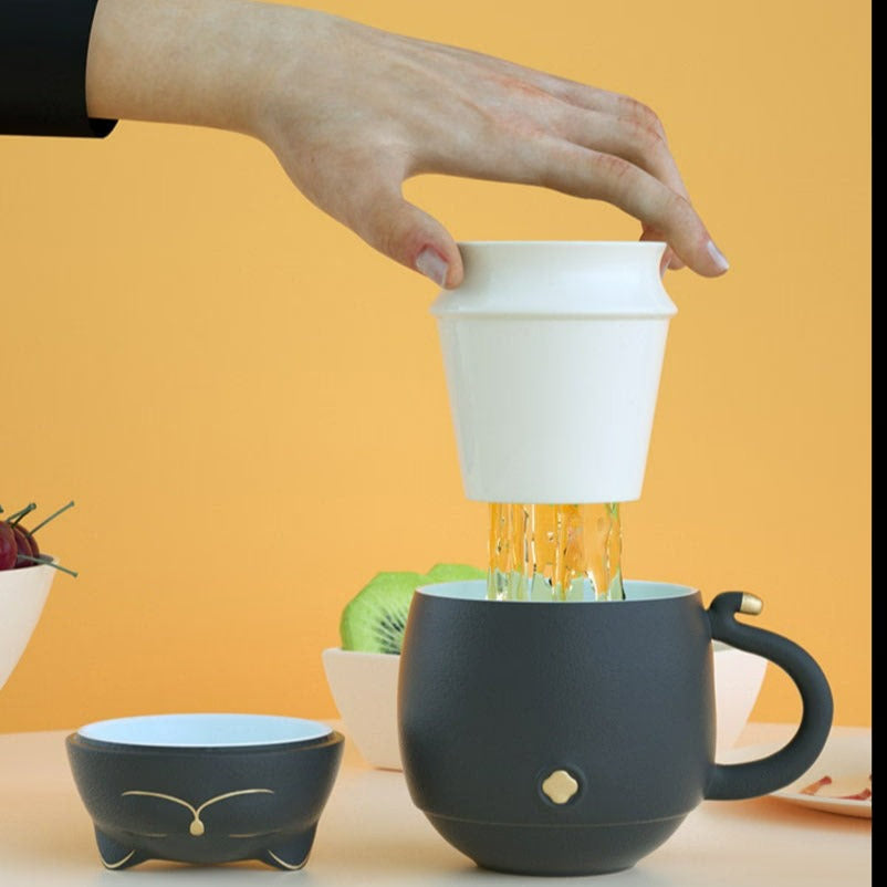 ACACUSS Lucky Cat Ceramic Tea Cup with Infuser I Cute Cat Tea Mug Lid I Coffee Mug Milk Tea Cups Drinkware I Unique Design Home office Gift - ACACUSS