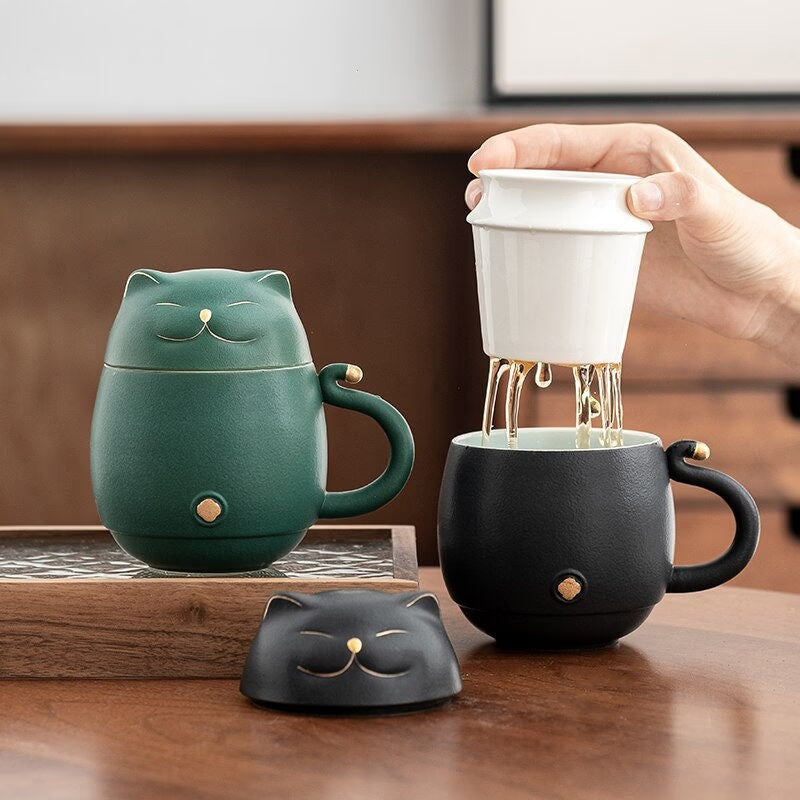 ACACUSS Lucky Cat Ceramic Tea Cup with Infuser I Cute Cat Tea Mug Lid I Coffee Mug Milk Tea Cups Drinkware I Unique Design Home office Gift - ACACUSS