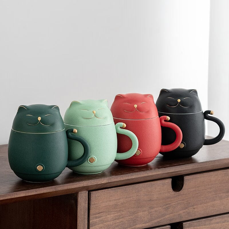 ACACUSS Lucky Cat Ceramic Tea Cup with Infuser I Cute Cat Tea Mug Lid I Coffee Mug Milk Tea Cups Drinkware I Unique Design Home office Gift - ACACUSS