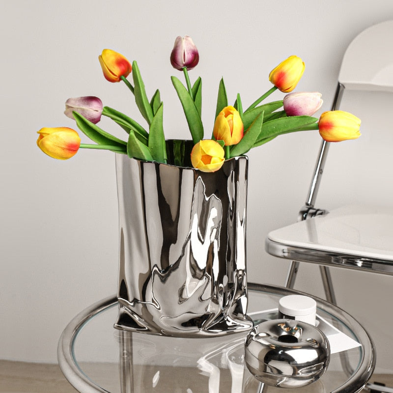 Luxury Ceramic Silver Plant Vase Electroplating Floral Living Room Flower Arrangement Hotel Art Pot Decoration Home Accessories acacuss