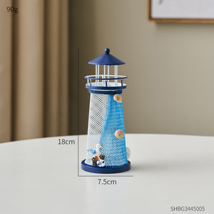 Mediterranean Style Nautical Ocean Flash Lighthouse Fishing Net Starfish Shell Metal Beacon Tower Paperweight Ornament Figurines acacuss