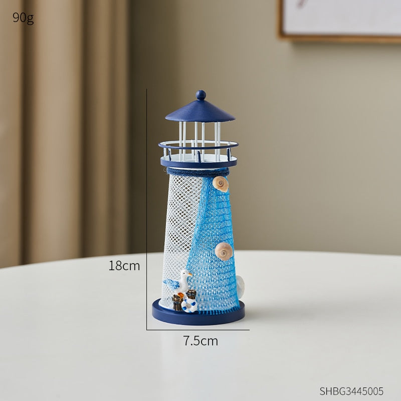 Mediterranean Style Nautical Ocean Flash Lighthouse Fishing Net Starfish Shell Metal Beacon Tower Paperweight Ornament Figurines acacuss