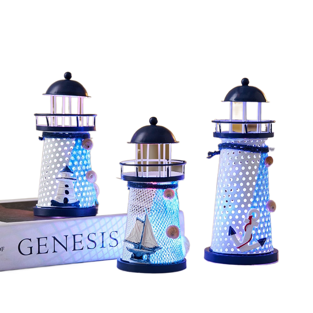 Mediterranean Style Nautical Ocean Flash Lighthouse Fishing Net Starfish Shell Metal Beacon Tower Paperweight Ornament Figurines acacuss