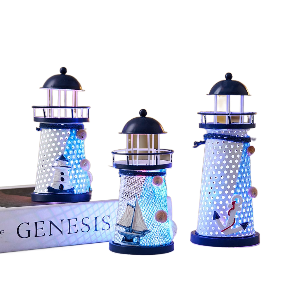 Mediterranean Style Nautical Ocean Flash Lighthouse Fishing Net Starfish Shell Metal Beacon Tower Paperweight Ornament Figurines acacuss