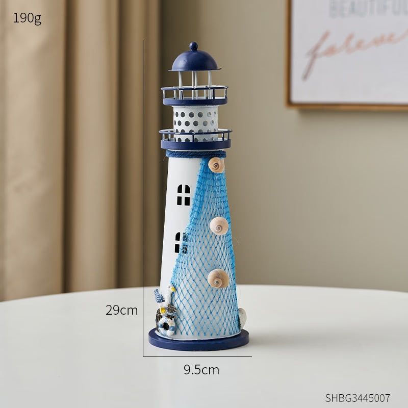 Mediterranean Style Nautical Ocean Flash Lighthouse Fishing Net Starfish Shell Metal Beacon Tower Paperweight Ornament Figurines acacuss