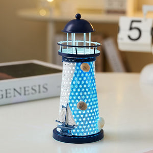 Mediterranean Style Nautical Ocean Flash Lighthouse Fishing Net Starfish Shell Metal Beacon Tower Paperweight Ornament Figurines acacuss