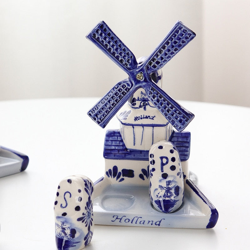Mediterranean retro hand-painted blue windmill seasoning pot set ceramic home decoration kitchen decoration housewarming gift acacuss