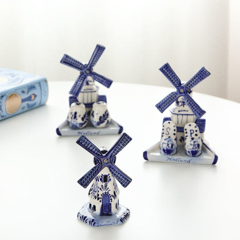 Mediterranean retro hand-painted blue windmill seasoning pot set ceramic home decoration kitchen decoration housewarming gift acacuss