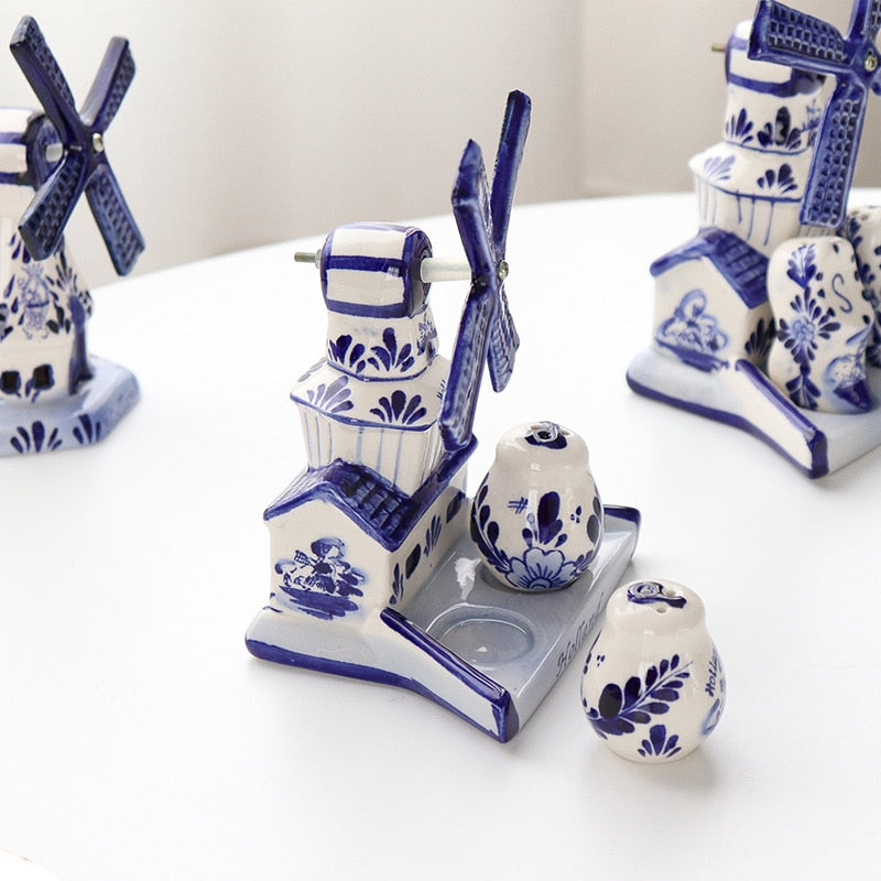 Mediterranean retro hand-painted blue windmill seasoning pot set ceramic home decoration kitchen decoration housewarming gift acacuss