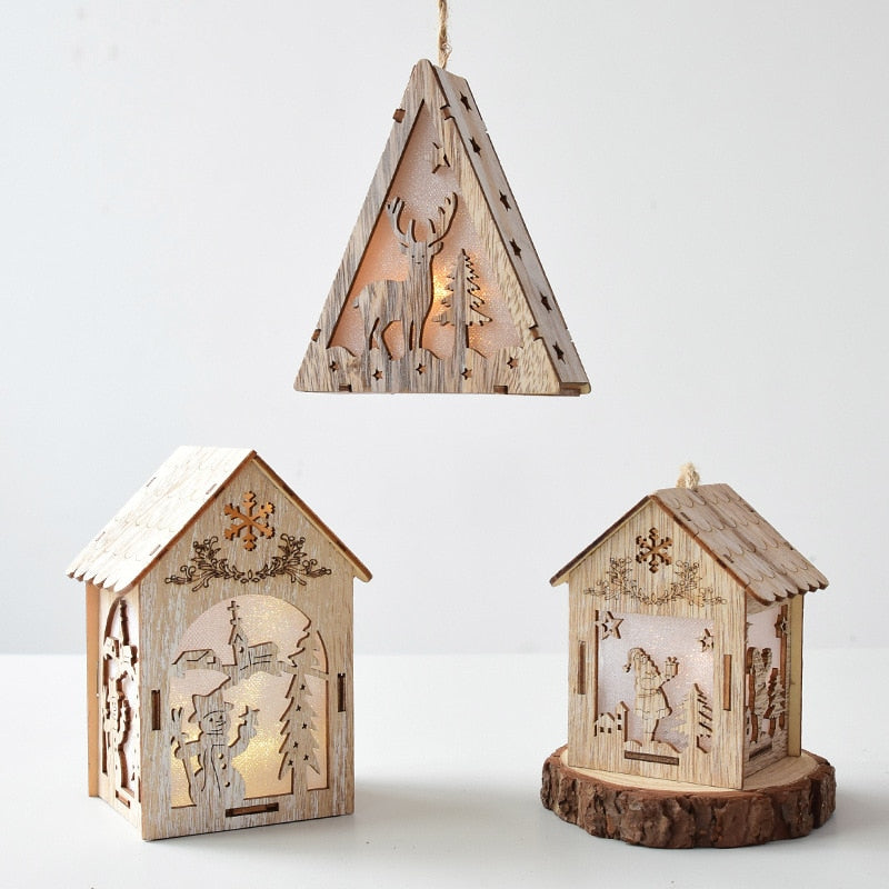 Merry Christmas LED Light Wooden House Luminous Cabin Christmas Decorations for Home DIY Xmas Tree Ornaments Kids Gifts New Year acacuss