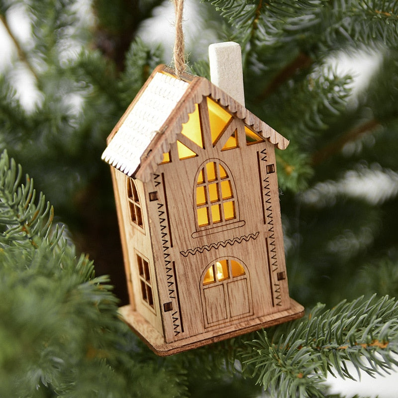 Merry Christmas LED Light Wooden House Luminous Cabin Christmas Decorations for Home DIY Xmas Tree Ornaments Kids Gifts New Year acacuss