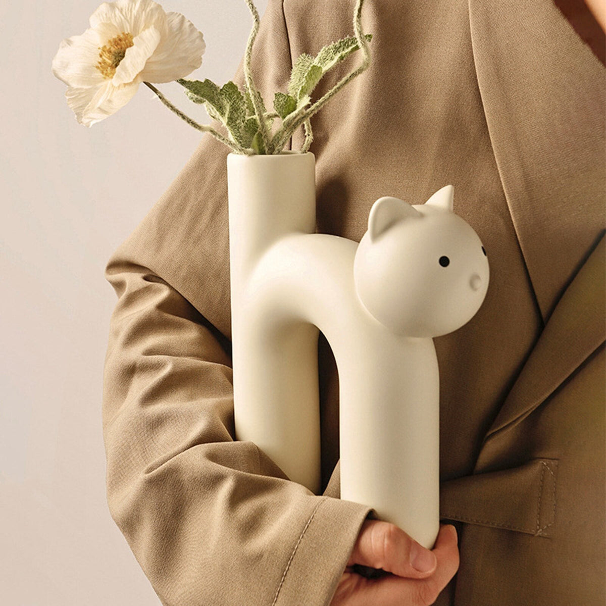 Modern Ceramic Vase Cute Tubular Cat Shape for Office Living Room Ornaments Nordic Flower Pot Dried Flower Art Crafts Gift acacuss