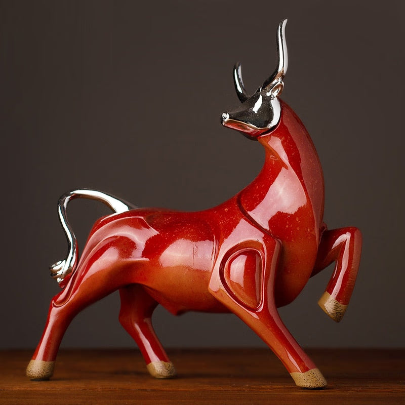 Modern Figurines Red and Black Bull Sculpture Resin Simulation Animal Statue Living Room Bookcase Crafts Accessories Home Decor acacuss