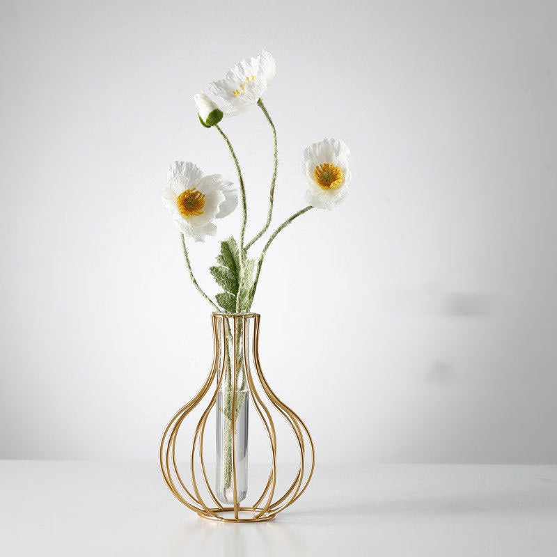 Modern Iron Golden Glass Vase Metal Wire Decorative Glass Tube Vase/Flower Vase Pot/Unique Handmade Home Decor/Living Room Office Table Vase - ACACUSS